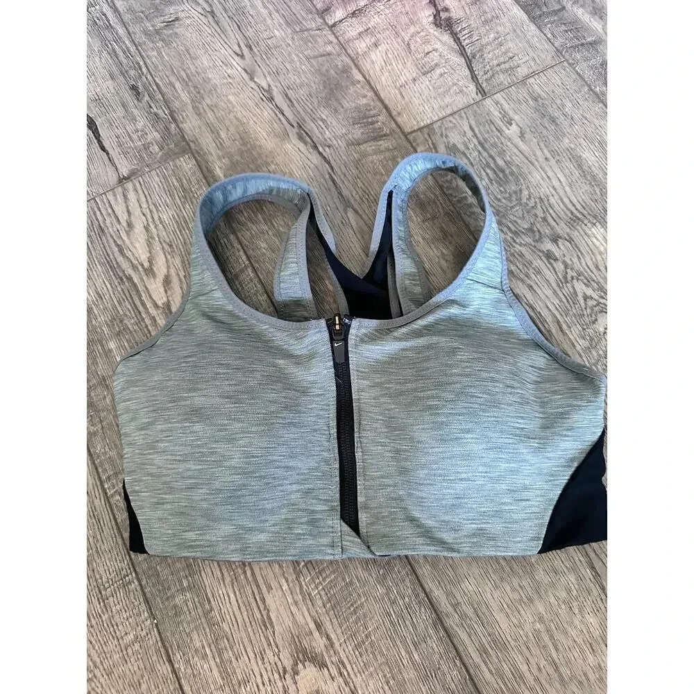 Nike Gray & Black High-Support Racerback Padded Zip Front Sports Bra Size Small